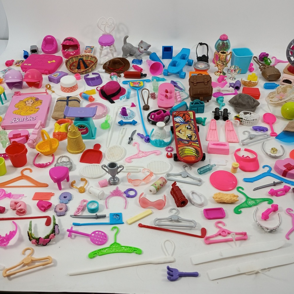 Large Lot of Barbie Mattel Doll Accessories Furniture Hangers Shoes Hats Bags